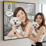 Custom comic city-style pet portrait canvas with owner