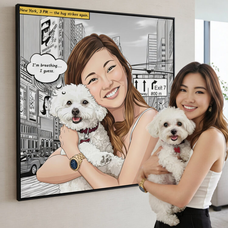 Comic City Style 1.1 Custom comic city-style pet portrait canvas with owner