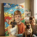 Custom colorful French Bulldog portrait canvas with child