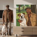 “Custom comic-style Bulldog portrait canvas with owner