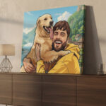 Custom comic-style dog portrait canvas with owner and nice panorama