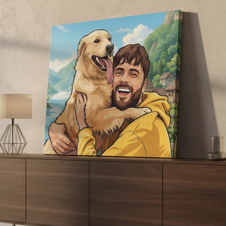 Comic style 3.1 Custom comic-style dog portrait canvas with owner and nice panorama