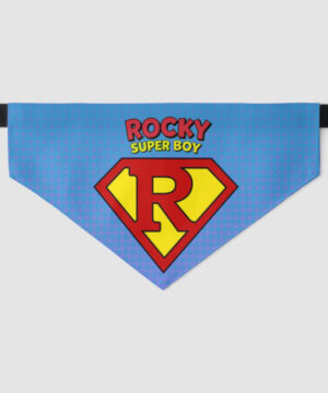 Custom dog bandana with pet name in superhero style
