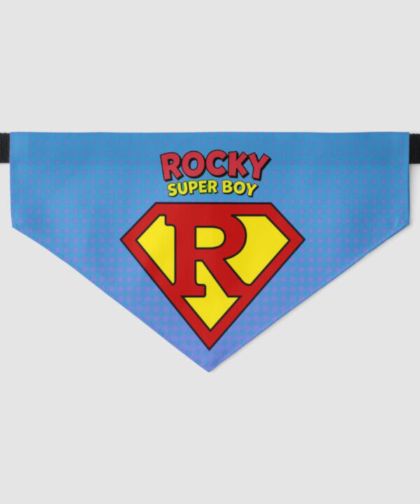 Custom dog bandana with pet name in superhero style