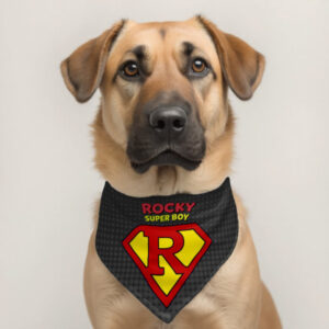 Custom dog bandana with pet name in superhero style