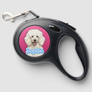 Custom retractable dog leash with pet portrait and pet name in Barbie style