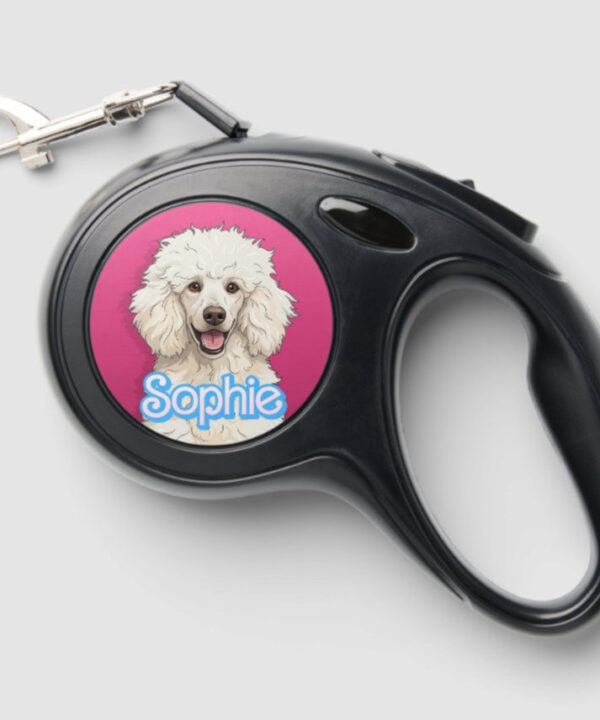 Custom retractable dog leash with pet portrait and pet name in Barbie style