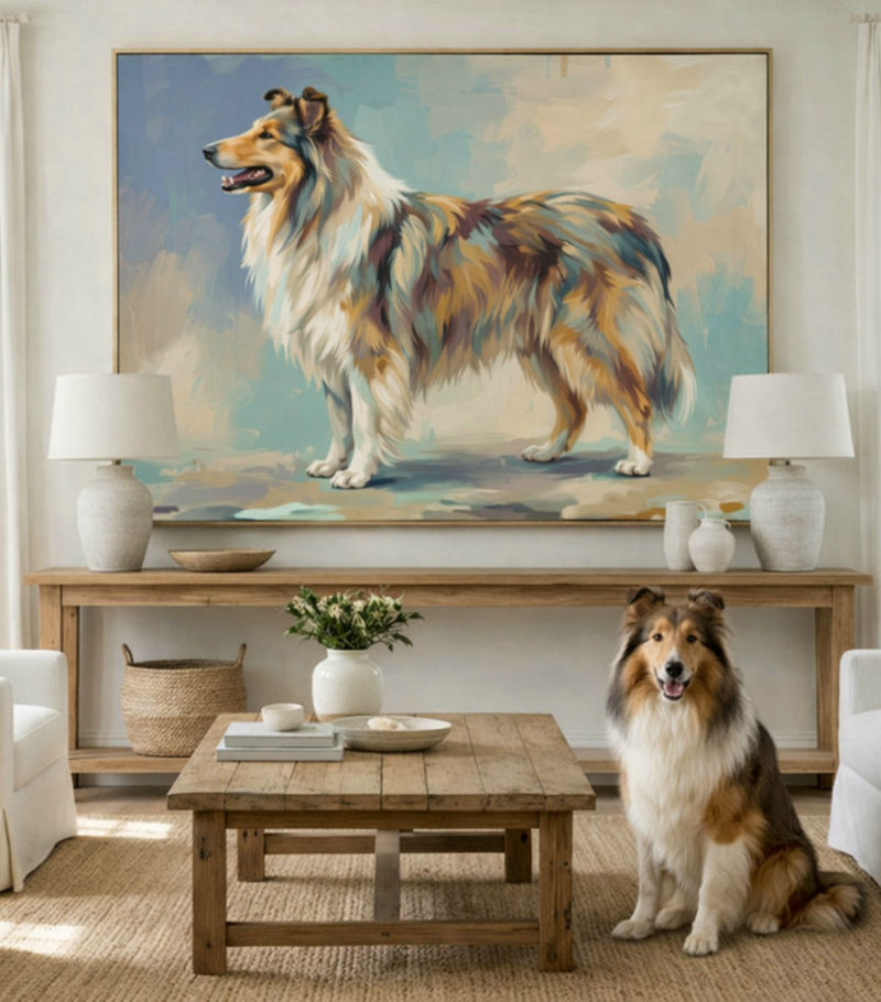 Custom pet portrait canvas with Collie dog in a modern home