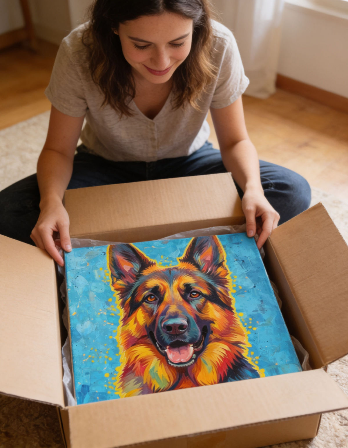 Woman opening a custom German Shepherd pet portrait canvas gift