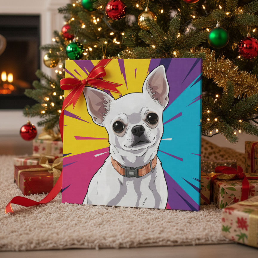 Custom Chihuahua pet portrait canvas gift by Christmas tree