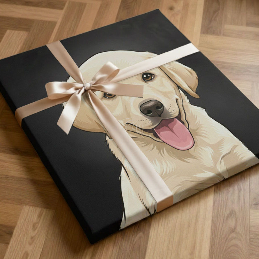 Wrapped custom dog portrait canvas ready as a gift