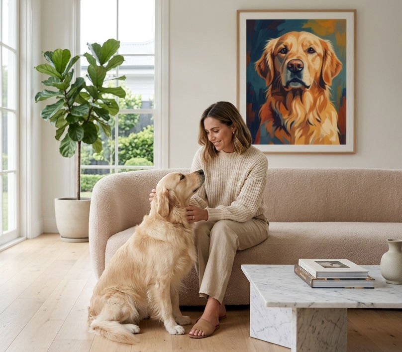 Woman with her dog sitting in a living room with a custom pet portrait on the wall