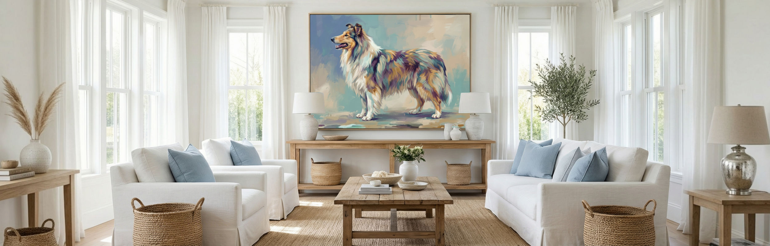 Custom dog portrait canvas in a modern living room