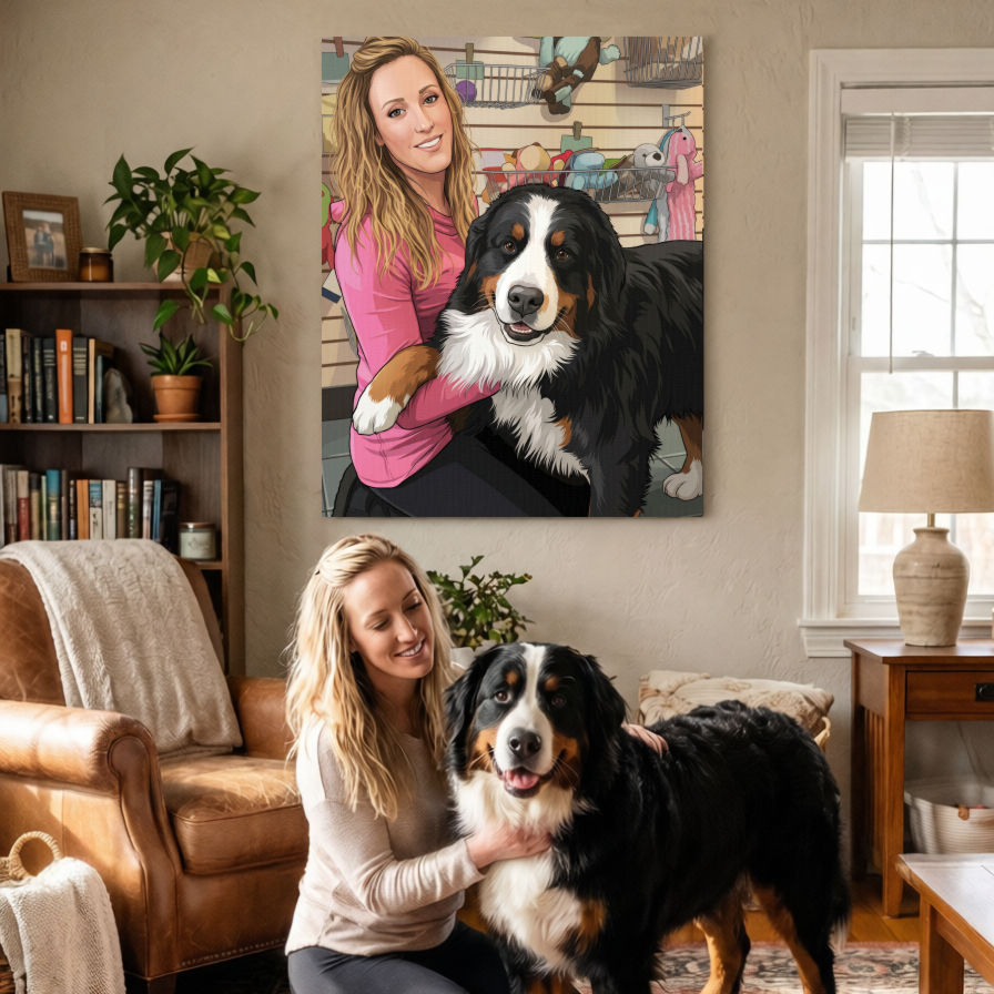 Woman with her Bernese Mountain Dog beside a custom pet portrait canvas in a cozy American-style living room